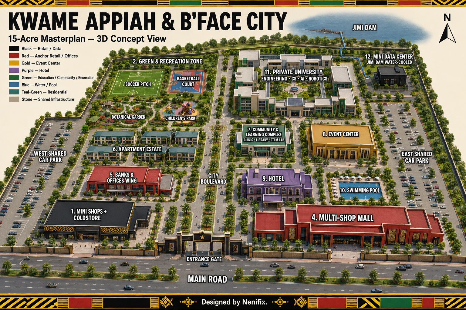 3D concept masterplan of Kwame Appiah and B'Face City